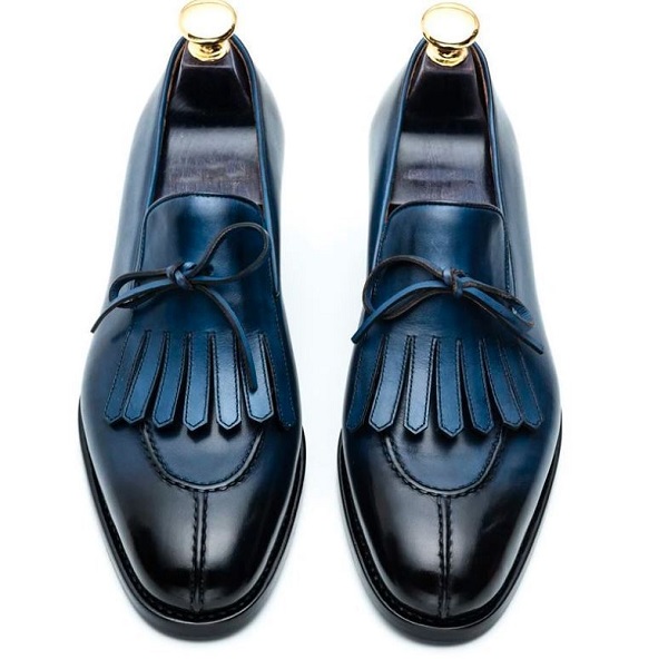 Handmade Bespoke Blue Split Toe Buckle Leather Fringe Loafers For Men