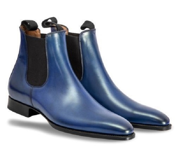Handmade Pure Leather Chelsea Blue Ankle High Boots For Men's